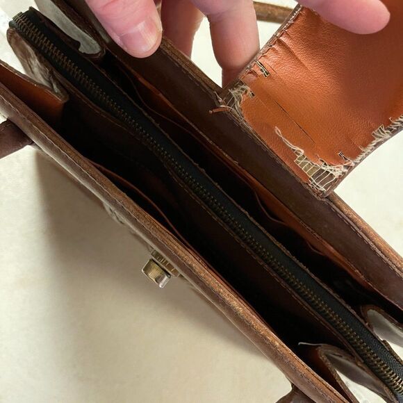 Vintage 70's Aztec Mont-Abur Tooled Leather Cow Hide Brown Handbag from Mexico - Picture 12 of 16